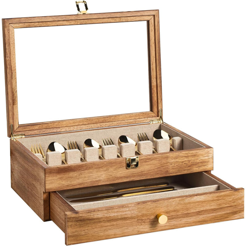 Shimano Fine Silverware Box With Glass Lid 2 Layer Wooden Silverware Chest With Drawer 14.5 10.6 Inches Vintage Style Decor Flatware Storage Case For Home Restaurant Gift Idea Torched Wood Wayfair